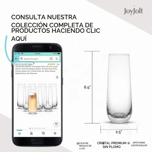 Vista 2 de JoyJolt Milo Copas de champán sin tallo, juego de 4 vasos de cristal. 9.4 onzas. Juego de copas de champán. Copas de vino prosecco, juego de copas