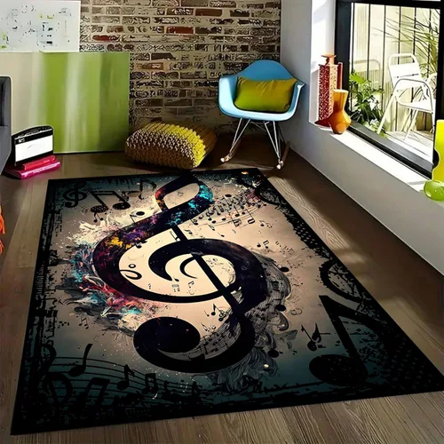 Vista 2 de Alfombra de área de notas musicales, 3 x 4 pies, moderna abstracta negra, notas musicales coloridas con graffiti colorido, tapete antideslizante