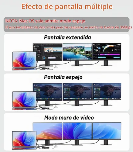 Vista 6 de Adaptador USB C a 3 × HDMI Divisor HDMI 4K60Hz Pantalla extendida Hub MST de 1 en 3 salidas con PD de 100 W para múltiples monitores convertidor