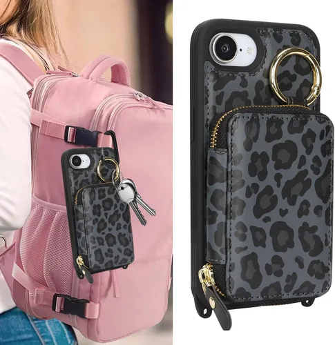 Vista 3 de Funda tipo cartera para iPhone 17e/16e, diseño de leopardo negro Funda de piel sintética con cremallera para bolso, funda con función atril