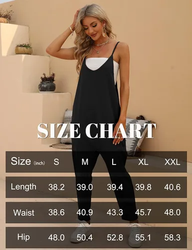 Vista 4 de SeekMe Overoles sueltos con cuello en V para mujer, sin mangas, con tirantes delgados, pantalones largos harén con bolsillos