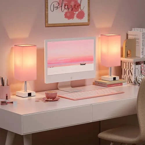 Vista 6 de Juego de 2 lámparas de mesa táctiles para dormitorio, regulables, USB C+A Rosa y blanco (2 piezas)