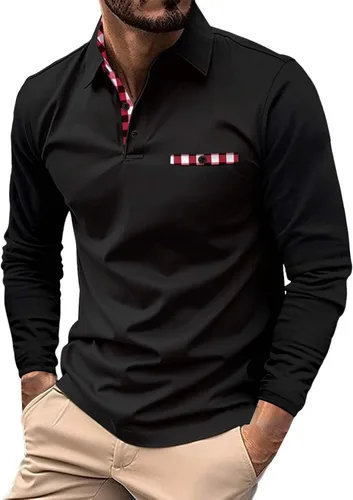 Vista 22 de Polo de manga larga para hombre, diseño casual de algodón con bolsillo, cuello clásico con botón para golf