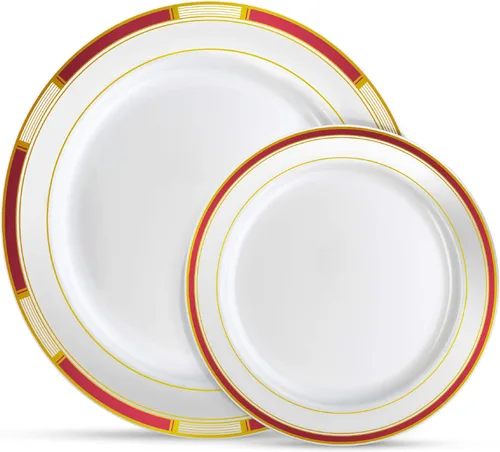 Vista 10 de Laura Stein Juego de vajilla de diseñador 32 cuencos de plástico desechables para fiestas, cuenco blanco con borde azul y detalles dorados