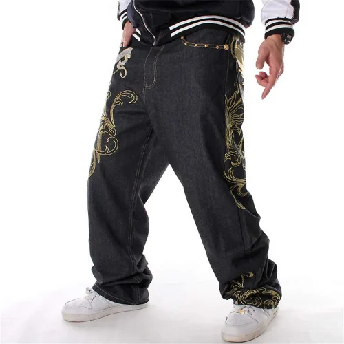 Vista 3 de LUOBANIU Pantalones vaqueros holgados negros para hombre, estilo hip hop, ajuste holgado, estilo vintage de los años 90, pantalones de mezclilla