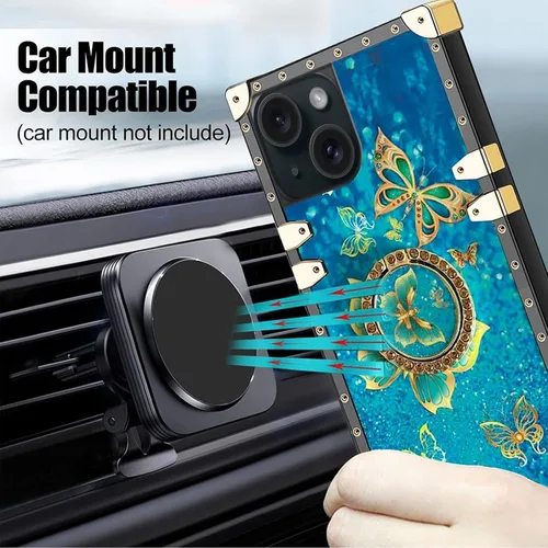 Vista 2 de nancheng Funda para iPhone 15, diseño de flor de mariposa azul, TPU suave, a prueba de golpes, con soporte de anillo y cordón a juego, elegante