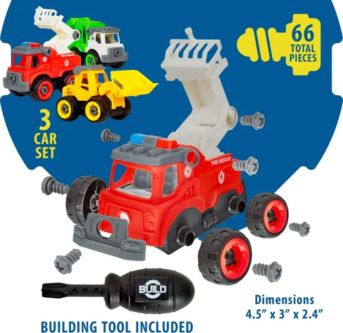 Vista 4 de Power Gearz - Juguete desmontable con destornillador y tornillos, paquete de 3 camiones para niños y niñas, camión de bomberos, camiones de basura