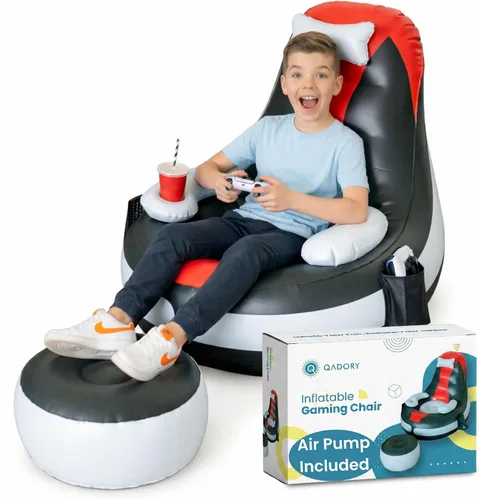Vista 9 de Silla inflable para juegos para niños, soporta hasta 300 libras, incluye bomba de aire, soporte para tazas, 2 bolsillos, asiento de puf duradero