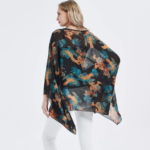 Vista 5 de Poncho de gasa transparente para mujer, suelto, liso, largo, murciélago, caftán, túnica