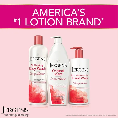 Vista 7 de Jergens Loción para piel seca de aroma original, hidratante corporal para manos y cuerpo, esencia de almendra de cereza, probado por dermatólogos