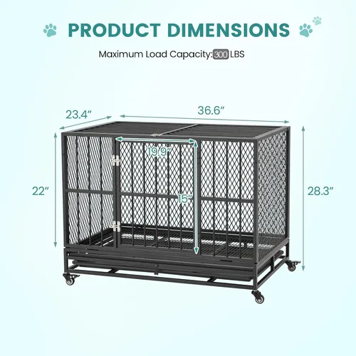 Vista 2 de Erinnyees Jaula para perros resistente de 37 pulgadas, perrera plegable para perros medianos y pequeños, jaula de metal con ruedas con bloqueo