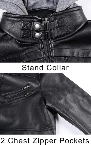 Vista 3 de MAGCOMSEN Chaqueta de piel sintética con cuello alto para hombre, 6 bolsillos, chaqueta de motocicleta con capucha extraíble