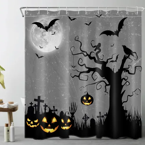 Vista 12 de EOBTAIN Cortina de ducha de cielo nocturno azul de Halloween para baño, espeluznante calabaza y murciélago en árbol muerto en cementerio aterrador
