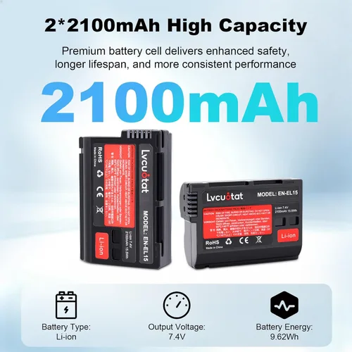 Vista 3 de Paquete de 2 baterías EN-EL15 EL15a EL15b EL15c 2100mAh y cargador