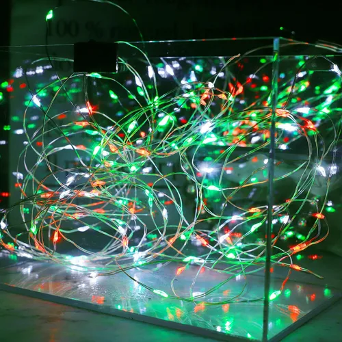 Vista 2 de Luces de cuerda de Navidad rojas, verdes y blancas de alambre de cobre, paquete de 2, total de 200 luces LED de hadas, luces parpadeantes
