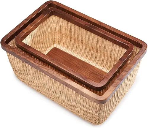 Vista 7 de Nantucket - Cesta de ratán y madera maciza, decoración del hogar para sala de estar, cesta de almacenamiento moderna, caja de joyería cuadrada Kit