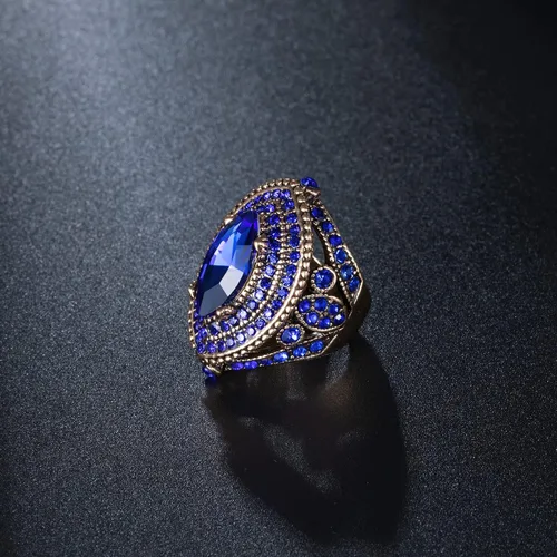 Vista 2 de Anillo de mujer - 1.260 in de gran tamaño chapado en oro antiguo estilo turco azul piedra preciosa anillo vintage joyería de las mujeres J0769BLUE