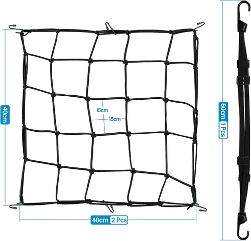 Vista 5 de 3 paquetes de red para motocicleta - 2 paquetes de red de equipaje elástica resistente de 40 cm + red para casco de 23.6 pulgadas / 60 cm