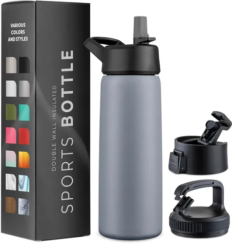 Vista 10 de Botellas de agua de acero inoxidable con triple aislamiento con pajita, botellas de agua aisladas reutilizables de 25 Oz con 3 tapas, botella
