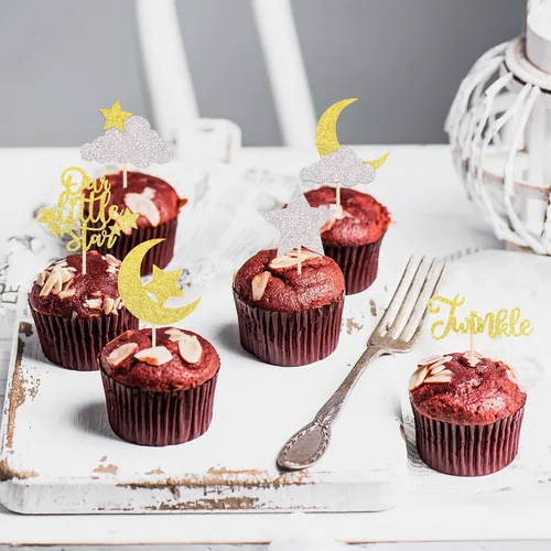 Vista 5 de Paquete de 24 adornos para cupcakes con purpurina de luna, nube, estrellas, estrellas, baby shower, niños, cumpleaños, boda, fiesta, decoración