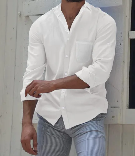Vista 5 de Men's Guayabera Shirts Long Sleeve Button Down Shirt Linen Solid Shirt Cuban Beach Tops