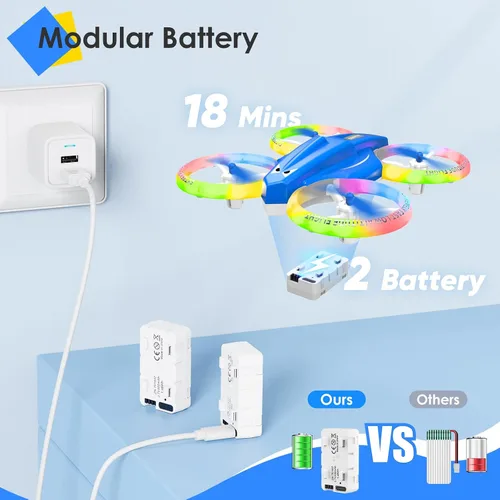 Vista 4 de Dron para niños y principiantes con luz LED, pequeño dron de interior con luces RC, voltereta de 360, 2 baterías, juguete volador para niños, regalo