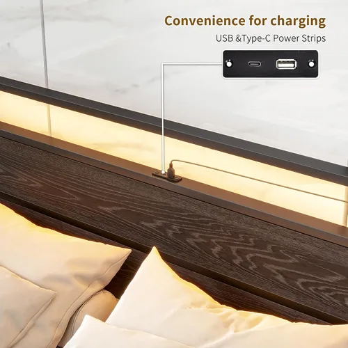 Vista 5 de Base de cama de tamaño matrimonial con cabecero de madera/luces LED, plataforma de metal, tamaño matrimonial con estación de carga, soporte