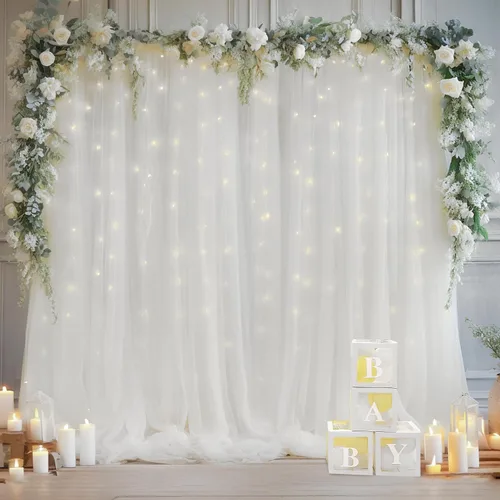 Vista 43 de Cortina de telón de fondo de tul negro de 10 x 10 pies con cadena de luces para fiestas, cortinas de fondo de fotos transparentes para bodas