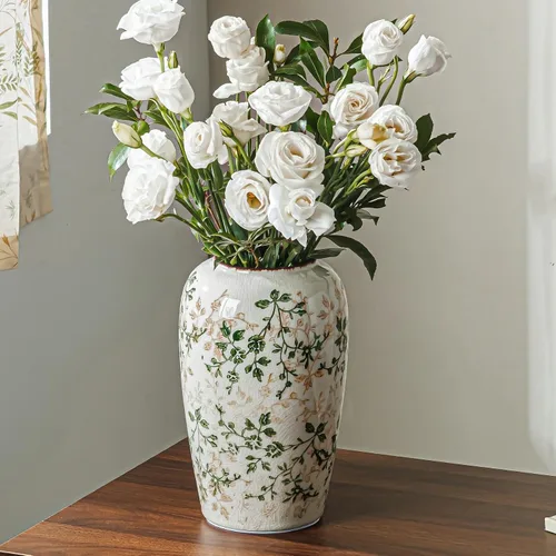 Vista 20 de Jarrón de cerámica verde y blanco con asa, florero rústico para decoración de hogar estilo “chinoiserie”, “grandmillenial” y toscano, jarrón