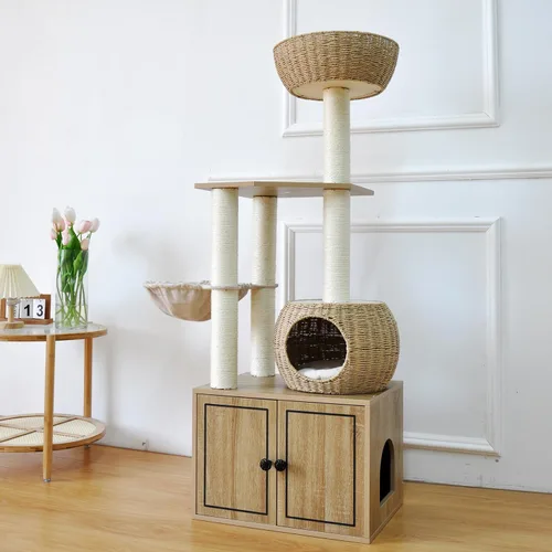Vista 4 de Árbol de ratán de 56.7 pulgadas de alto para gatos de interior, torre de madera para gatos de varios niveles con postes rascadores, muebles
