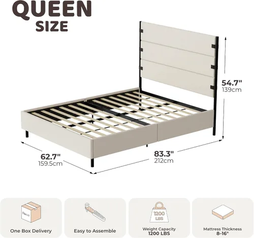 Vista 2 de RECCI Base de cama de plataforma tapizada Queen con cabecero alto con Chenille beige