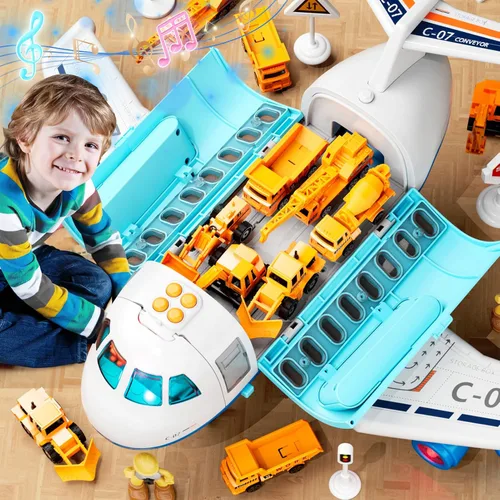 Vista 2 de Avión de carga de transporte, juego de juguetes de avión temáticos grandes, juego de vehículos de juguete educativo con sonido y luz de humo, avión