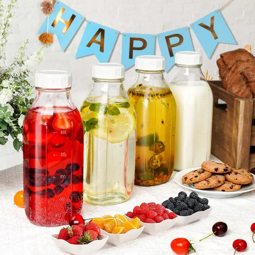 Vista 8 de Syntic Botellas de leche de vidrio cuadrado de un litro con tapa hermética, tapa de rosca resistente 100% a prueba de fugas, botellas de jugo