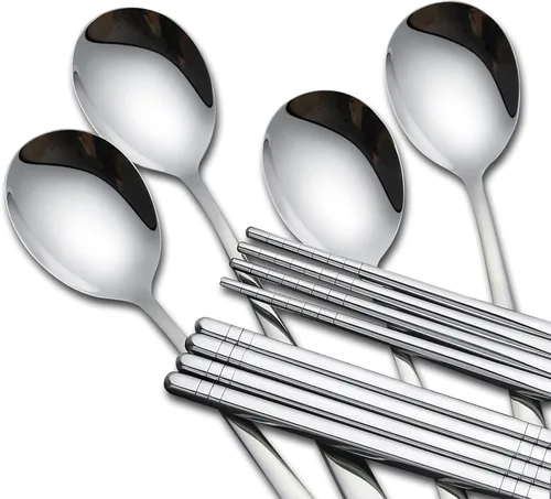 Vista 4 de Juego de 4 palillos y cucharas coreanas, juego de metal de acero inoxidable, juego de mango largo plano reutilizable para el hogar, cocina