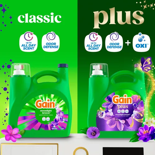 Vista 2 de Gain Detergente líquido para ropa Plus, más limpio, más fresco, ahora con aroma Oxi, Moonlight Breeze, 99 onzas líquidas, 75 cargas