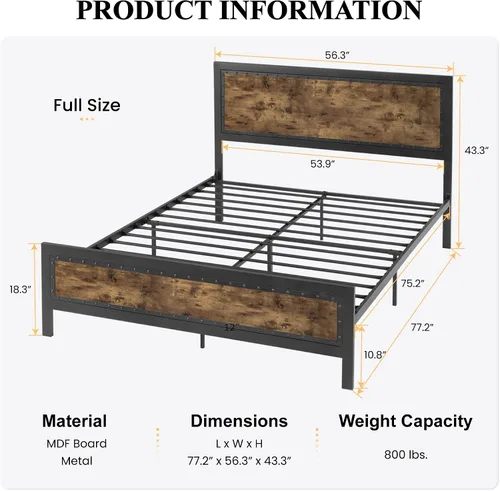 Vista 2 de SHA CERLIN Marco de cama gris de metal tamaño completo, base de plataforma de madera industrial con cabecero y pie de cama con remaches, no necesita