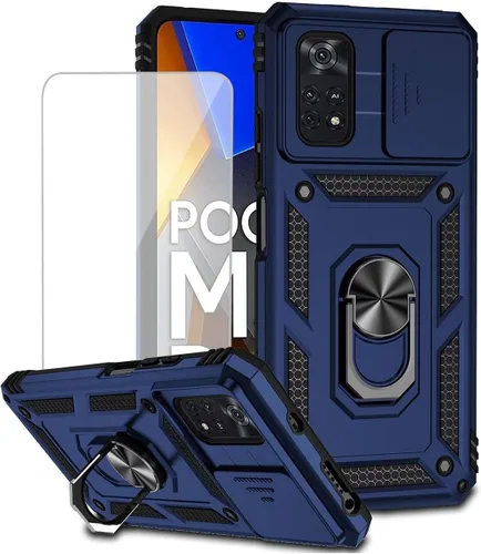 Vista 8 de Funda para Xiaomi Poco M4 Pro 4G, MZB0B5VIN con protector de pantalla de vidrio templado y cubierta de cámara deslizante, anillo magnético Soporte