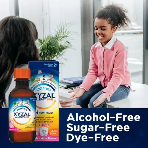 Vista 7 de Xyzal Medicamento para aliviar la alergia las 24 horas para niños, antihistamínico líquido de dihidrocloruro de levocetirizina, chicle, 5 onzas