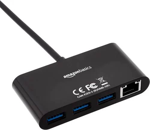 Vista 2 de Amazon Basics Adaptador de 4 puertos con 3 puertos USB-A 3.0 y 1 puerto Ethernet RJ45 Gigabit, negro