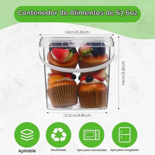 Vista 2 de Menkxi 15 recipientes de 68 onzas con tapas y asas, cuadrados de plástico transparente para almacenamiento de alimentos, tarros reutilizables