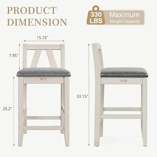 Vista 2 de VECELO Juego de 2 taburetes de bar de altura de mostrador, taburetes de bar de madera maciza de 25 pulgadas con asiento acolchado tapizado, sillas