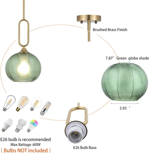 Vista 5 de Juego de 2 Lámparas Colgantes de Vidrio Verde Moderno Iluminación de Globo Nórdico con Ribetes Dorados Lámpara de Techo Colgante con Varillas