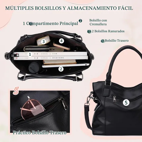 Vista 6 de VX VONXURY Bolso Hobo para mujer, bolso de mano, bandolera para mujer Negro