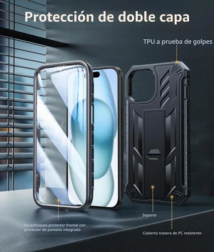 Vista 8 de FNTCASE - Funda para iPhone 15/14/13, protector de pantalla integrado, función atril 20FT Military-Grade Drop Protection, Anti-Slip Matte