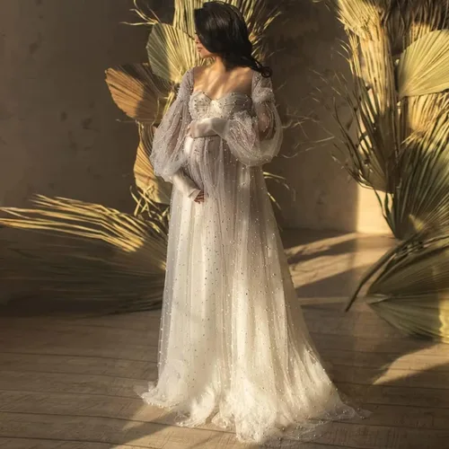 Vista 7 de Pearl Tulle Maternity Dress for Photoshoot Long Puffy Sleeve Maternity Photography Gown for Baby Shower Pregnancy Dress