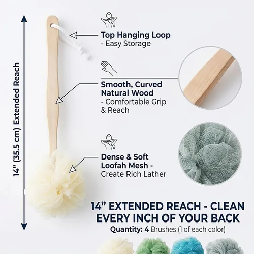 Vista 2 de Paquete de 4 esponjas grandes de esponja de esponja de baño con mango largo para ducha, cepillo de espalda para el cuerpo de baño, cepillo de spa