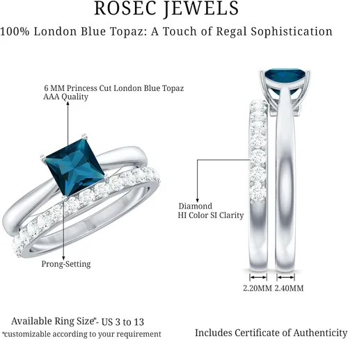 Vista 15 de Juego de anillos de boda de topacio azul Londres con diamante, juego de anillos solitarios de topacio azul de corte princesa para mujer (calidad AAA)