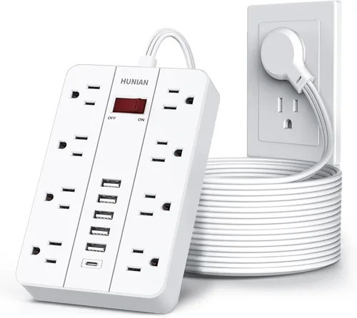 Vista 10 de Tira de alimentación con puertos USB, cable de extensión HUNIAN de 5 pies con enchufe plano y 8 tomas, cargador de 6 USB (1 puerto USB C), protector