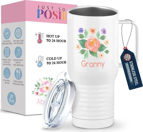 Vista 8 de Just So Posh Abuela Flowers Tumbler, Vaso de Café de Viaje con Asa y Tapa Deslizante, Blanco 20 oz Polar Camel, Acero Inoxidable, Aislado al Vacío