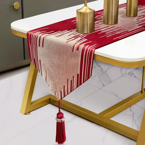 Vista 9 de Caminos de mesa bordados beige de 13 x 72 pulgadas de largo con borlas de lujo, líneas geométricas abstractas modernas para decoración del hogar